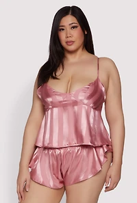 Womens Plus Size Shadow Stripe Strappy Back Pajama Cami with Shorts, Pink, Size 1X