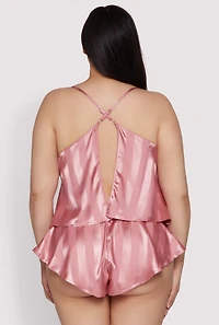 Womens Plus Size Shadow Stripe Strappy Back Pajama Cami with Shorts, Pink, Size 2X