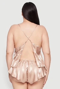 Womens Plus Size Shadow Stripe Strappy Back Pajama Cami with Shorts, Beige, Size 2X