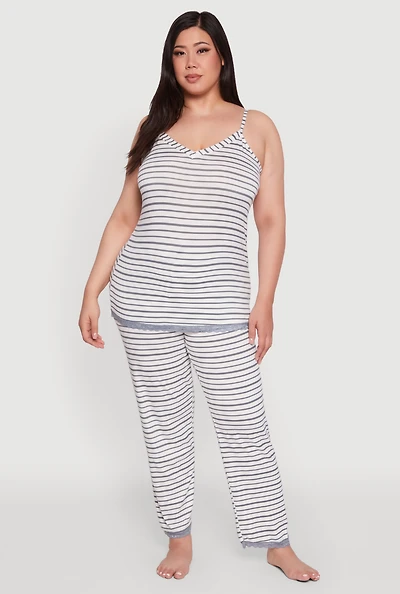 Womens Plus Size Striped Lace Detail Cami Pajama Top and Pants Set, Multi, Size 1X