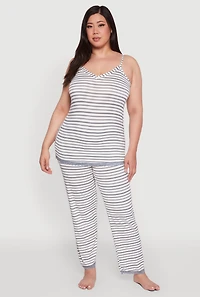 Womens Plus Size Striped Lace Detail Cami Pajama Top and Pants Set, Multi, Size 1X