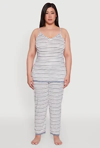 Womens Plus Striped Lace Detail Cami Pajama Top and Pants Set,