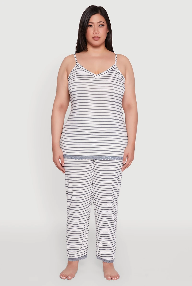 Womens Plus Size Striped Lace Detail Cami Pajama Top and Pants Set, Multi, Size 1X