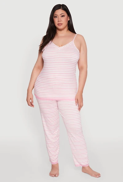 Womens Plus Size Striped Lace Detail Cami Pajama Top and Pants Set, Pink, Size 1X