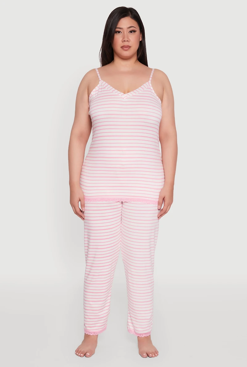 Womens Plus Size Striped Lace Detail Cami Pajama Top and Pants Set, Pink, Size 2X