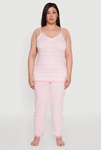 Womens Plus Size Striped Lace Detail Cami Pajama Top and Pants Set, Pink, Size 2X