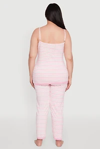 Womens Plus Size Striped Lace Detail Cami Pajama Top and Pants Set, Pink, Size 2X