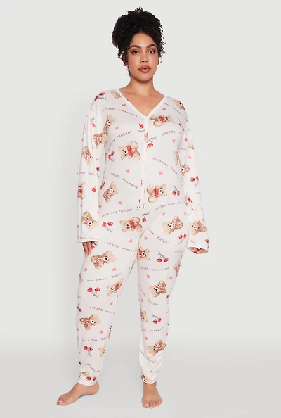 Womens Plus Size Teddy Bear Graphic Print Pajama Onesie, Multi, Size 1X