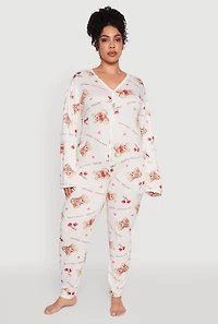 Womens Plus Size Teddy Bear Graphic Print Pajama Onesie, Multi, Size 1X