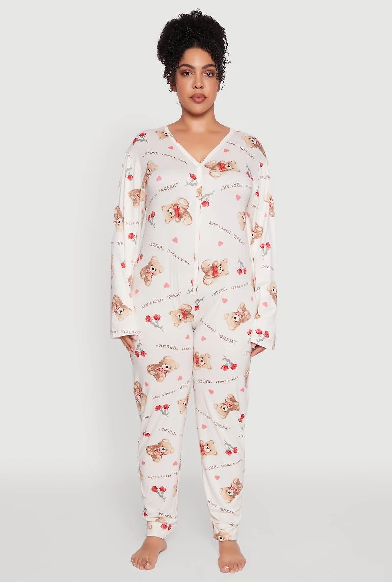 Womens Plus Size Teddy Bear Graphic Print Pajama Onesie, Multi, Size 1X
