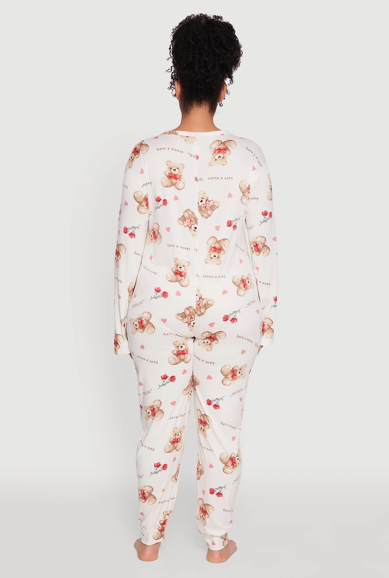 Womens Plus Size Teddy Bear Graphic Print Pajama Onesie, Multi, Size 1X