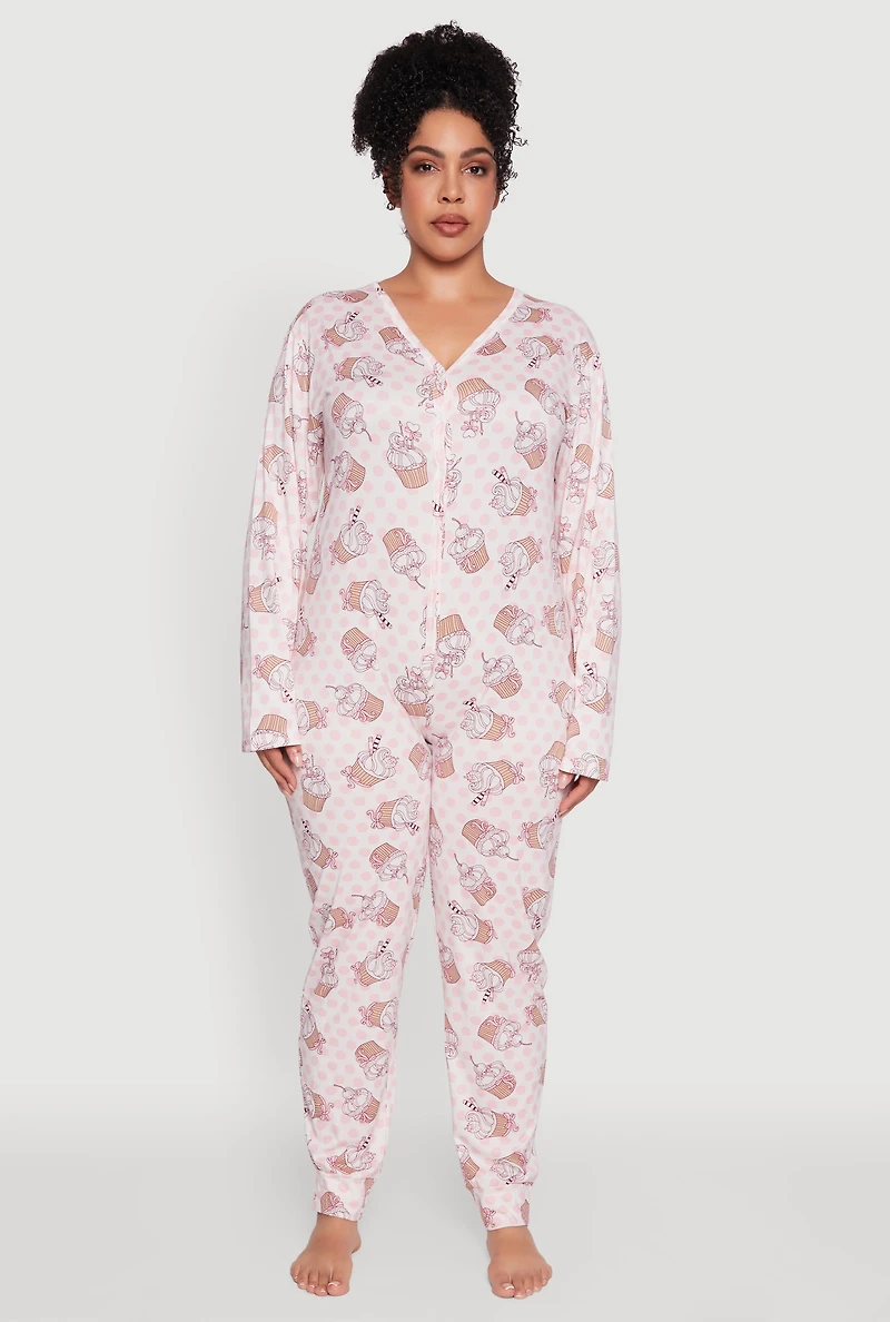 Womens Plus Size Polka Dot Cupcake Graphic Pajama Onesie, Multi, Size 2X