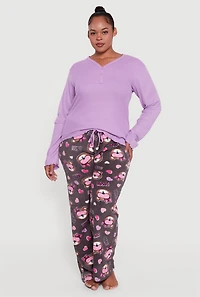 Womens Plus Henley Pajama Top and Plush Dream Bear Graphic Pants, Purple,