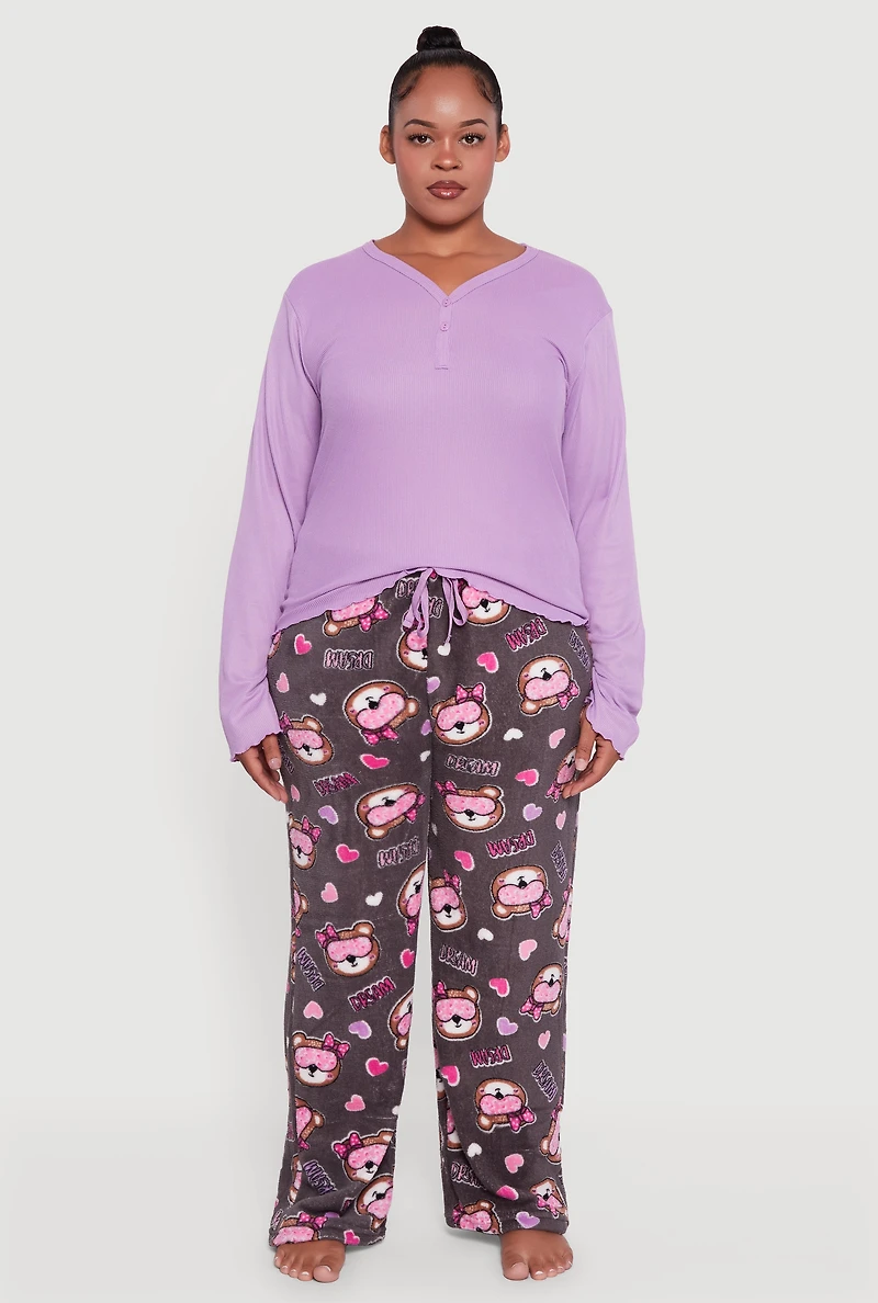 Womens Plus Size Henley Pajama Top and Plush Dream Bear Graphic Pants, Purple, Size 3X