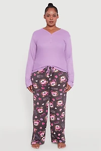Womens Plus Size Henley Pajama Top and Plush Dream Bear Graphic Pants, Purple, Size 3X