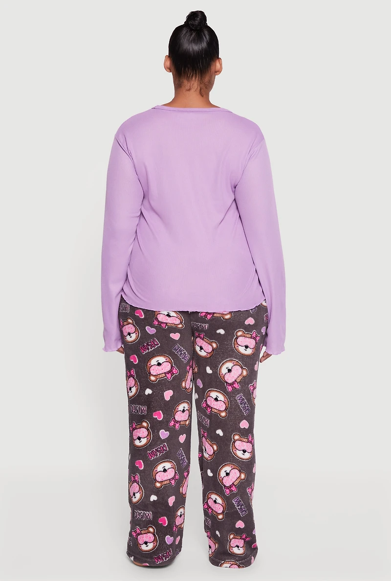 Womens Plus Henley Pajama Top and Plush Dream Bear Graphic Pants, Purple,