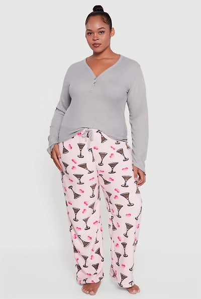 Womens Plus Size Henley Pajama Top and Plush Espresso Martini Graphic Pants, Multi, Size 2X