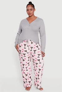 Womens Plus Size Henley Pajama Top and Plush Espresso Martini Graphic Pants, Multi, Size 2X