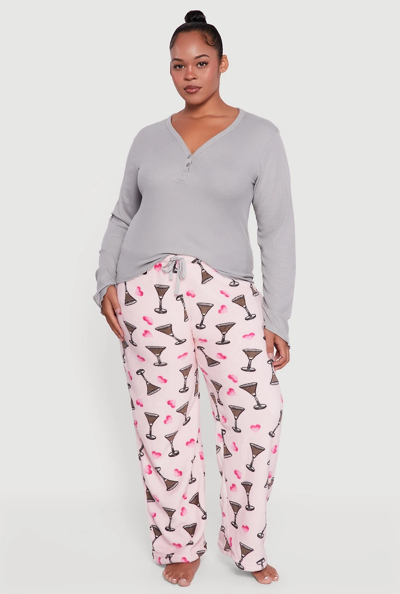 Womens Plus Size Henley Pajama Top and Plush Espresso Martini Graphic Pants, Multi, Size 1X