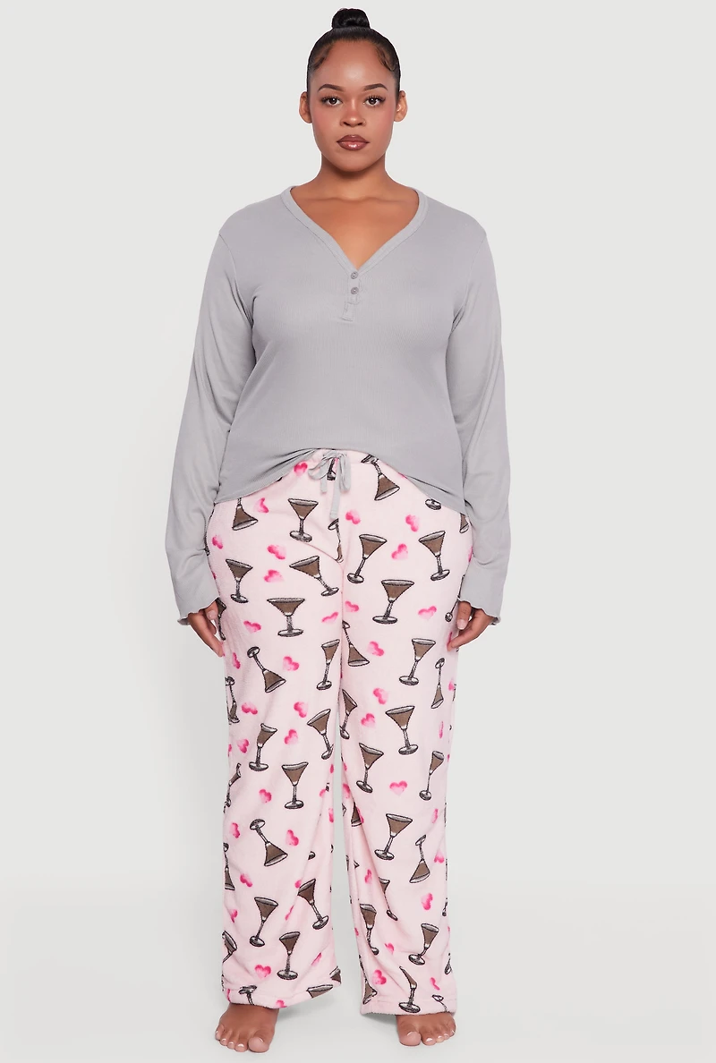 Womens Plus Size Henley Pajama Top and Plush Espresso Martini Graphic Pants, Multi, Size 2X