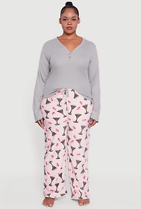 Womens Plus Size Henley Pajama Top and Plush Espresso Martini Graphic Pants, Multi, Size 1X