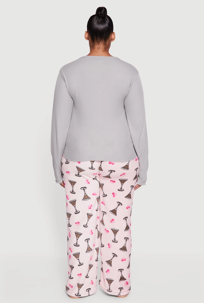 Womens Plus Size Henley Pajama Top and Plush Espresso Martini Graphic Pants, Multi, Size 2X