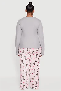 Womens Plus Size Henley Pajama Top and Plush Espresso Martini Graphic Pants, Multi, Size 1X