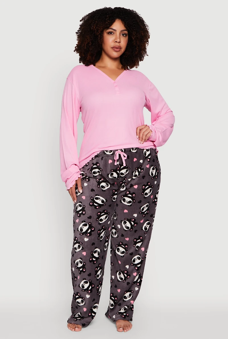 Womens Plus Size Waffle Knit Pajama Top and Panda Graphic Plush Pants, Pink, Size 3X