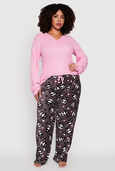 Womens Plus Size Waffle Knit Pajama Top and Panda Graphic Plush Pants, Pink, Size 3X