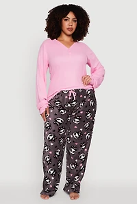 Womens Plus Size Waffle Knit Pajama Top and Panda Graphic Plush Pants, Pink, Size 3X