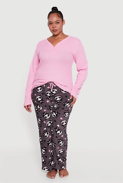 Womens Plus Size Waffle Knit Pajama Top and Panda Graphic Plush Pants, Pink, Size 1X