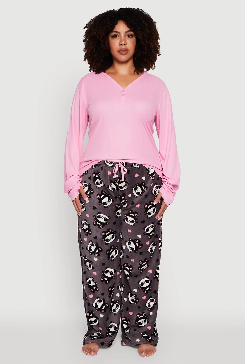 Womens Plus Size Waffle Knit Pajama Top and Panda Graphic Plush Pants, Pink, Size 3X