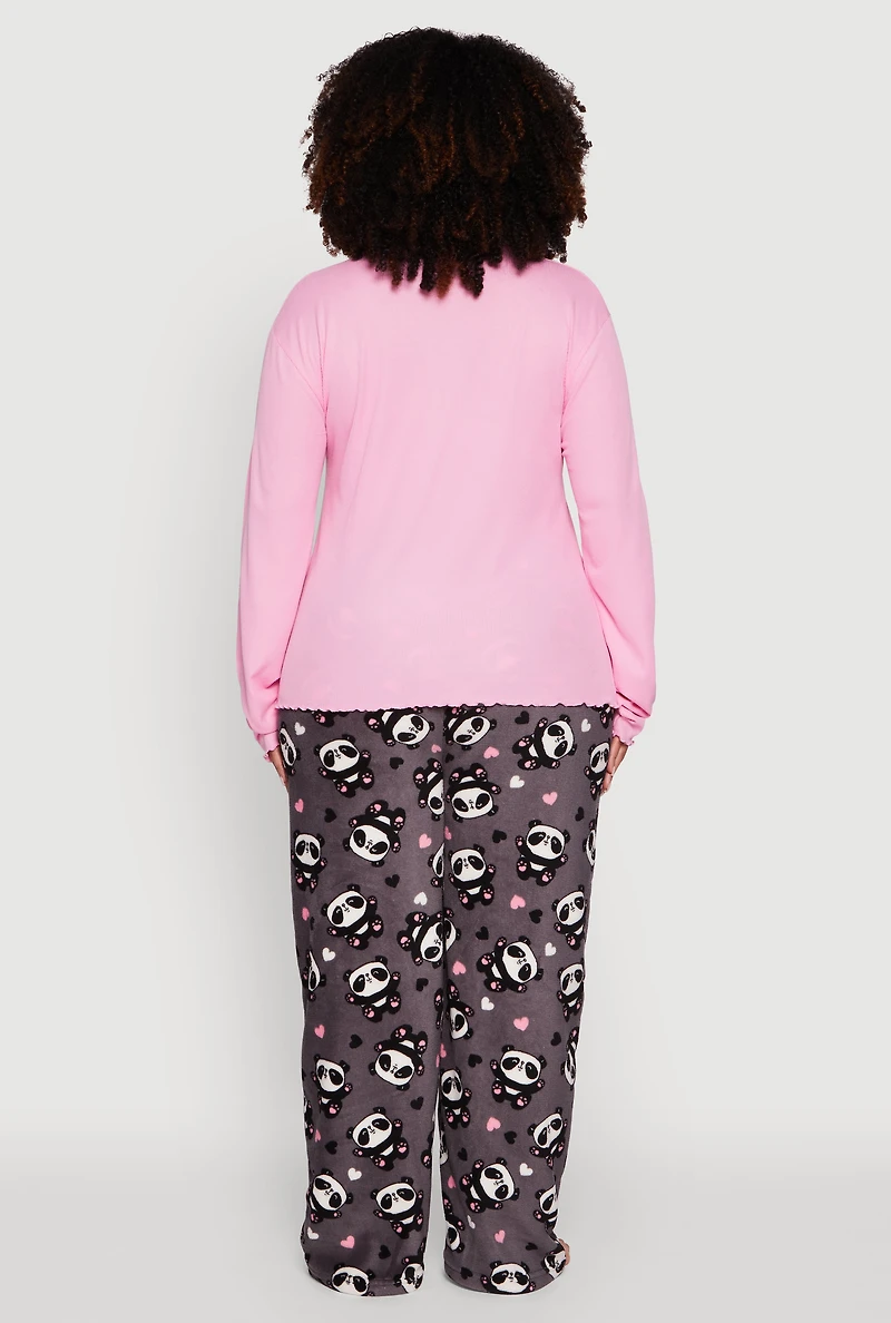 Womens Plus Size Waffle Knit Pajama Top and Panda Graphic Plush Pants, Pink, Size 3X