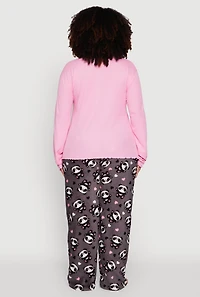 Womens Plus Size Waffle Knit Pajama Top and Panda Graphic Plush Pants, Pink, Size 3X