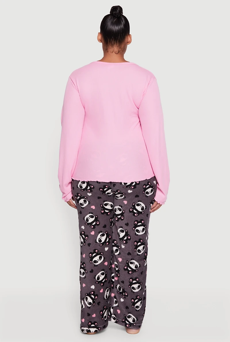 Womens Plus Size Waffle Knit Pajama Top and Panda Graphic Plush Pants, Pink, Size 1X