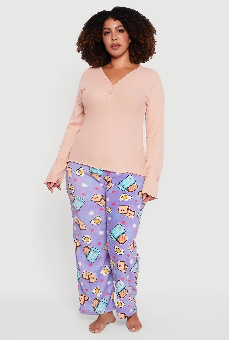 Womens Plus Size Waffle Knit Pajama Top and Breakfast Graphic Pants, Multi, Size 2X