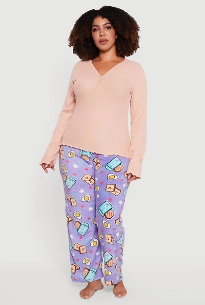 Womens Plus Size Waffle Knit Pajama Top and Breakfast Graphic Pants, Multi, Size 2X