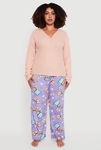 Womens Plus Size Waffle Knit Pajama Top and Breakfast Graphic Pants, Multi, Size 2X