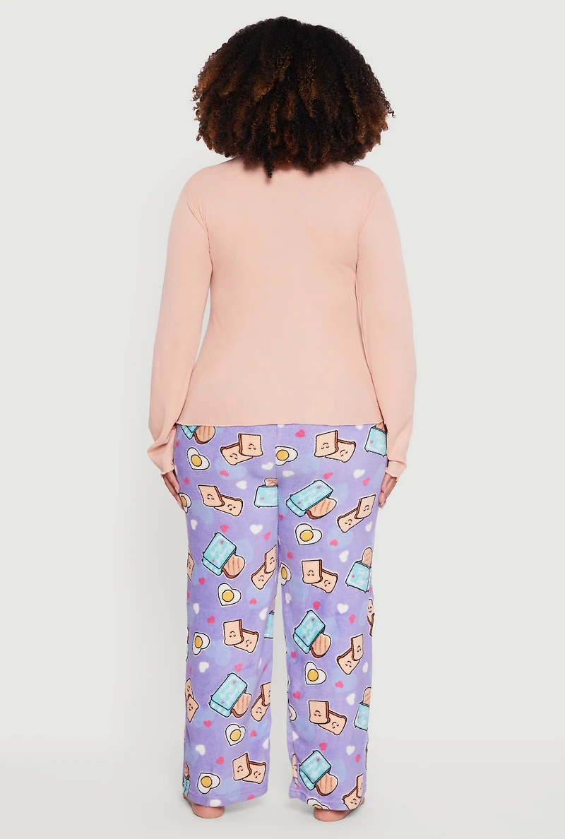 Womens Plus Size Waffle Knit Pajama Top and Breakfast Graphic Pants, Multi, Size 2X