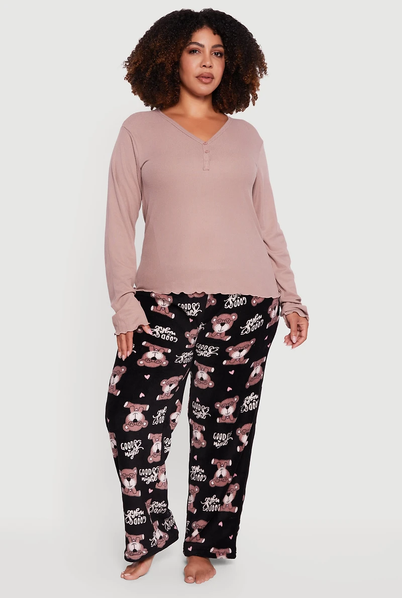 Womens Plus Size Pajama Top and Good Night Bear Graphic Pants, Multi, Size 3X