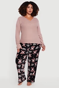Womens Plus Size Pajama Top and Good Night Bear Graphic Pants, Multi, Size 3X