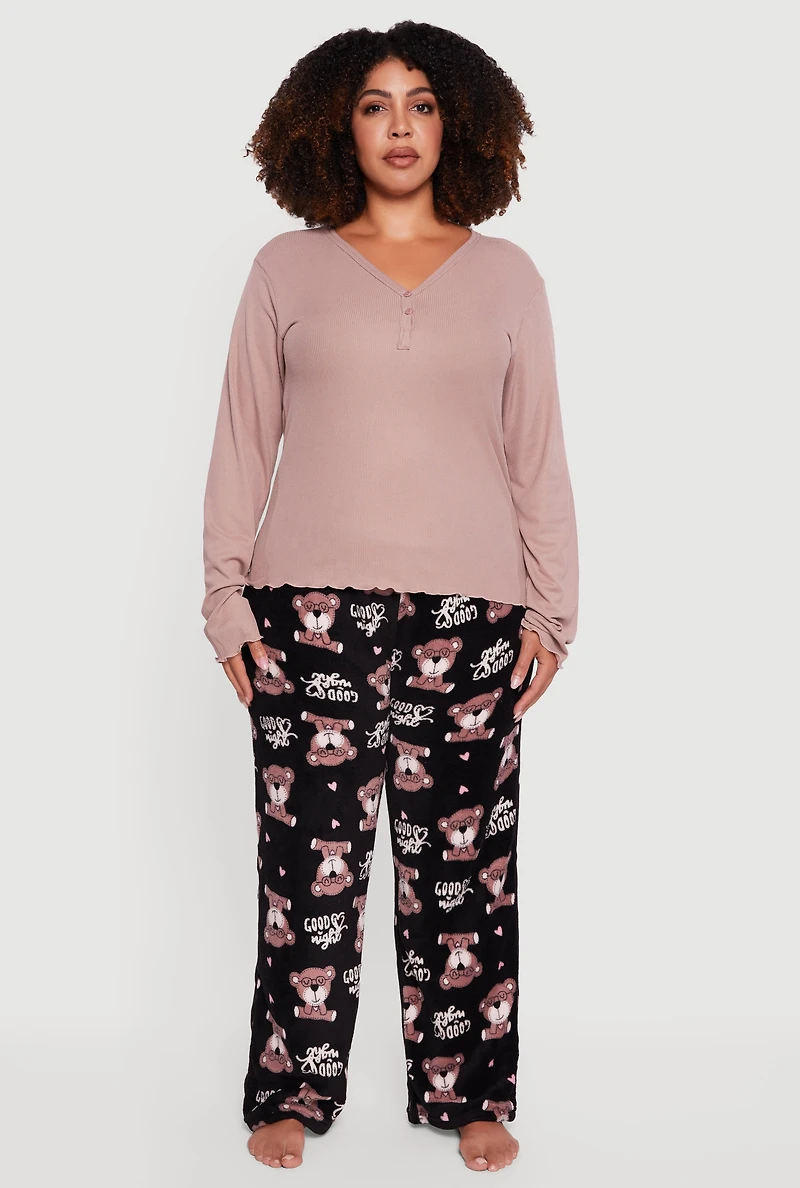 Womens Plus Size Pajama Top and Good Night Bear Graphic Pants, Multi, Size 3X