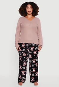 Womens Plus Size Pajama Top and Good Night Bear Graphic Pants, Multi, Size 3X