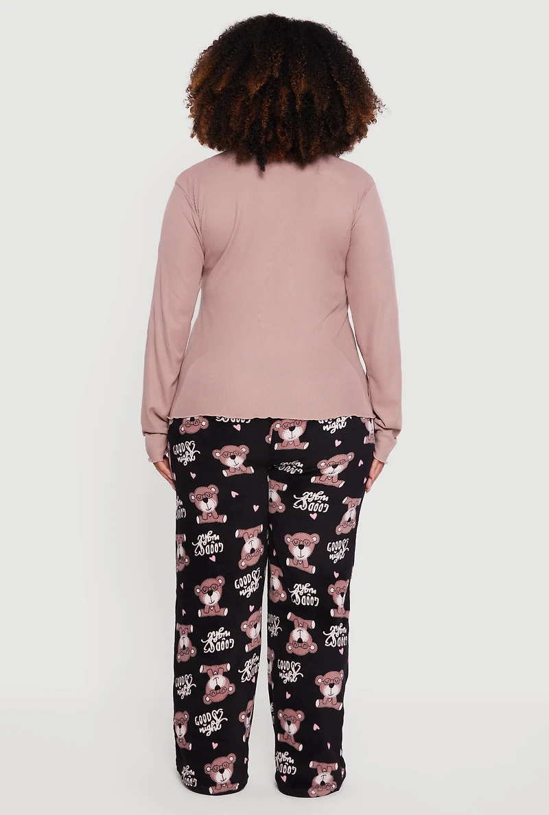 Womens Plus Size Pajama Top and Good Night Bear Graphic Pants, Multi, Size 3X