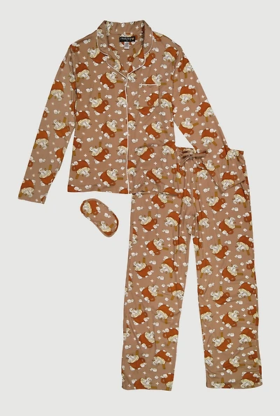Womens Plus Size Snowman Cocoa Print Pajama Top and Pants with Sleep Mask, Brown, Size 3X