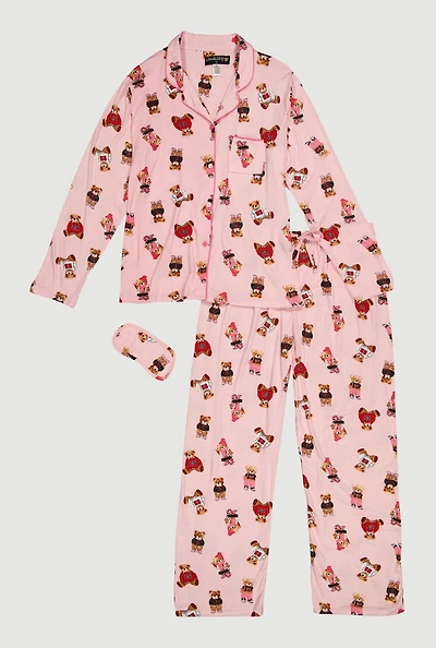 Womens Plus Size Assorted Bear Graphic Pajama Top and Pants with Sleep Mask, Pink, Size 1X