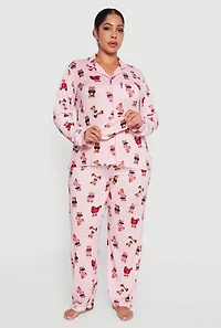 Womens Plus Size Assorted Bear Graphic Pajama Top and Pants with Sleep Mask, Pink, Size 1X