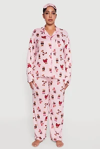 Womens Plus Size Assorted Bear Graphic Pajama Top and Pants with Sleep Mask, Pink, Size 1X