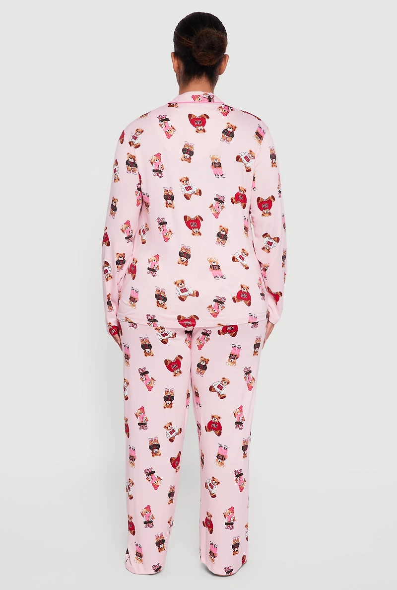 Womens Plus Assorted Bear Graphic Pajama Top and Pants with Sleep Mask, Pink,