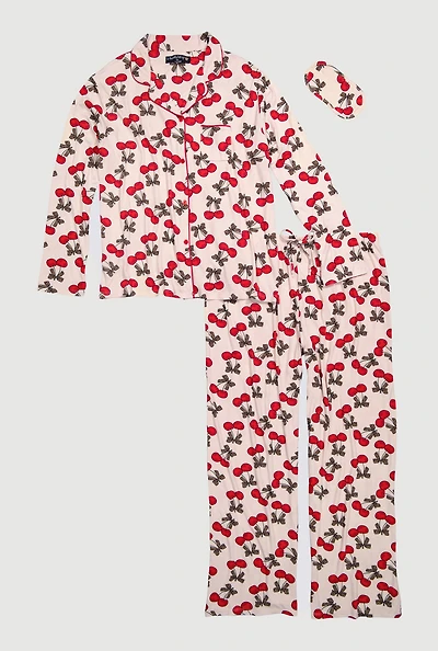 Plus Cherry Print Pajama Top and Pants with Sleep Mask